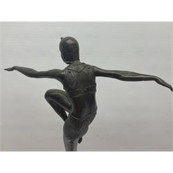 Art Deco style bronze, after Philipp, modelled as a dancer with her arms outstretched and one leg raised, on a veined marble tapering base signed Philipp and with foundry seal, H58cm