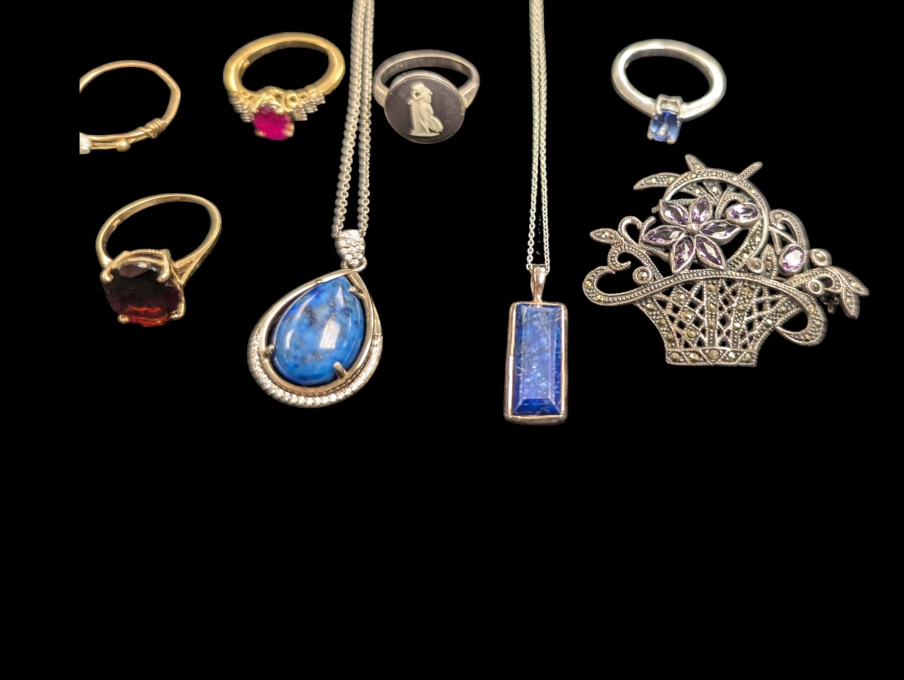 Two gold stone set rings, including 14ct garnet example and a  9ct gold stone set example and silver jewellery including rings, pendants, brooches, etc 