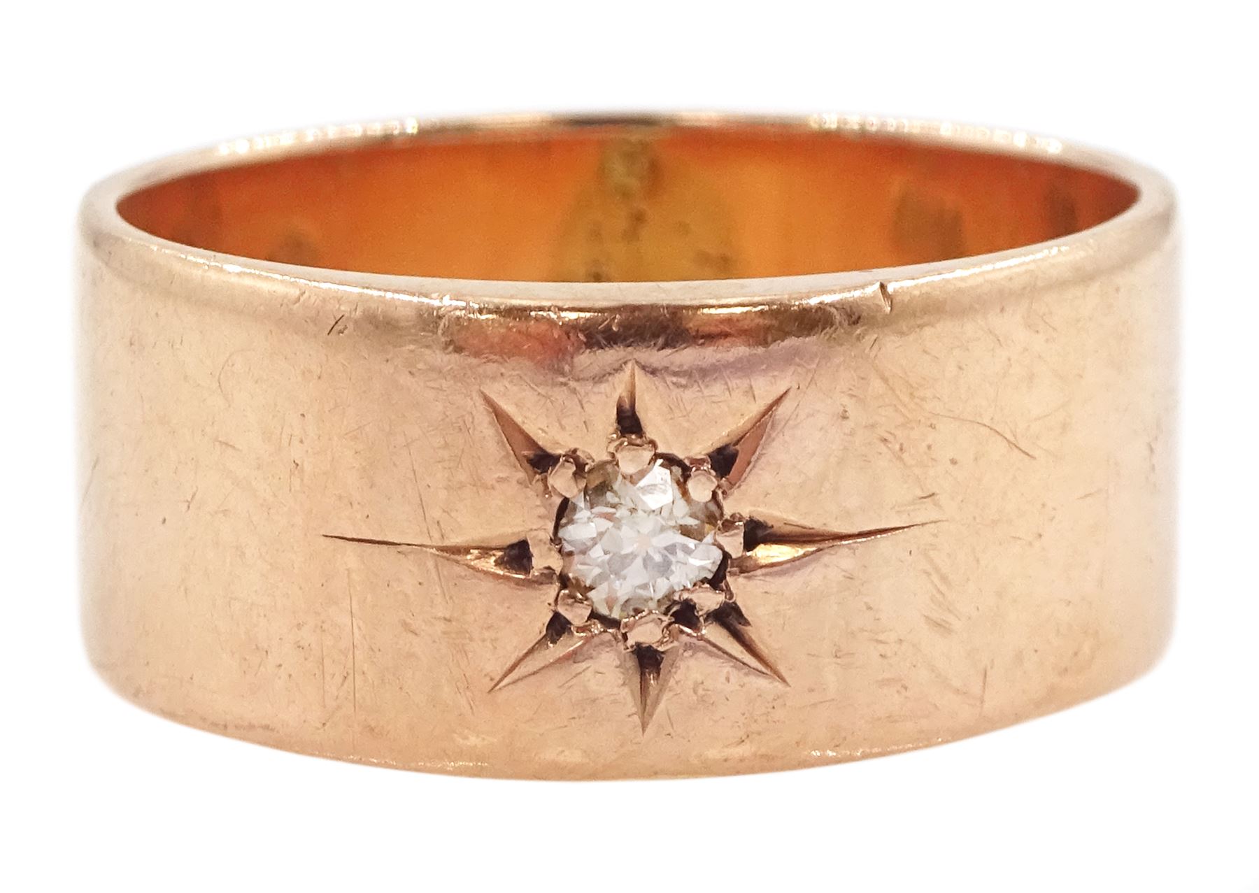 Early 20th century 9ct rose gold gypsy set single stone old cut diamond ring, London 1919, diamond approx 0.10 carat