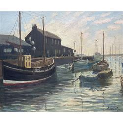 Harold Pye (Fylingdales Group mid 20th century): 'Sunrise - Bridlington Harbour', oil on b...