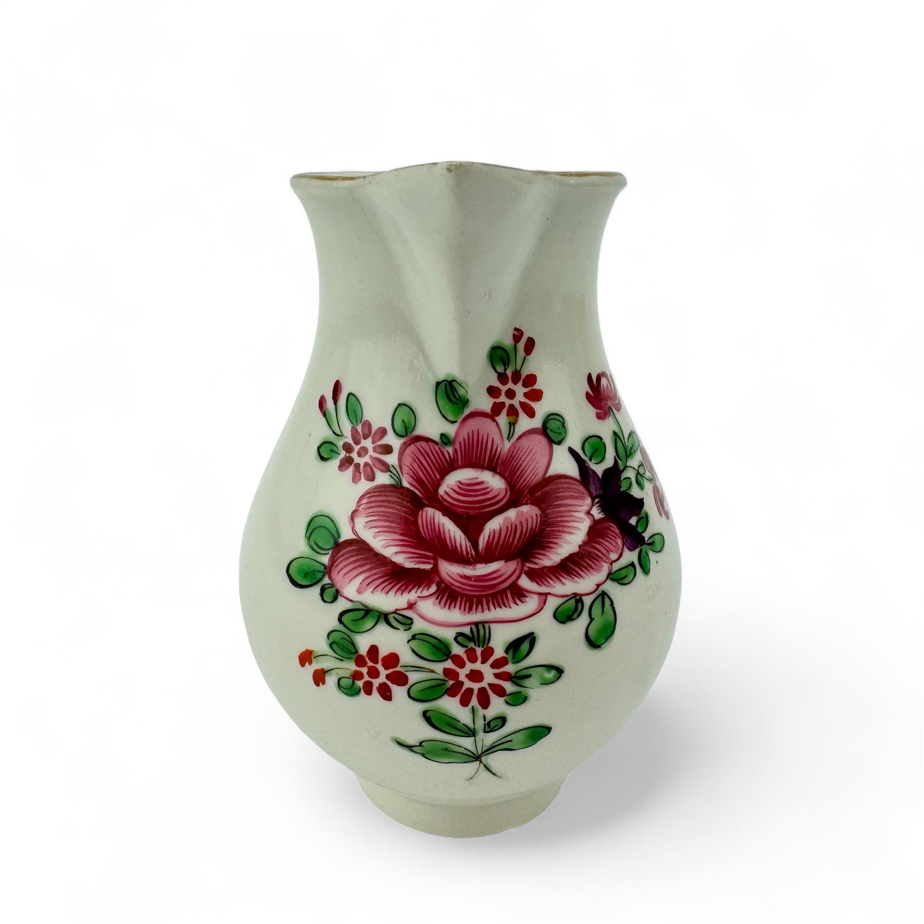 18th century Worcester sparrow beak jug, hand painted in polychrome enamels with floral bouquets and sprig within pink scale borders, with ribbed loop handle, H10cm