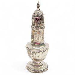 Early 20th century silver sugar caster, of typical faceted form, with removable pierced co...