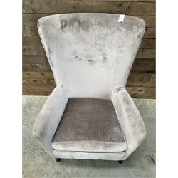 2 x Wing back armchair upholstered in silver crushed velvet fabric