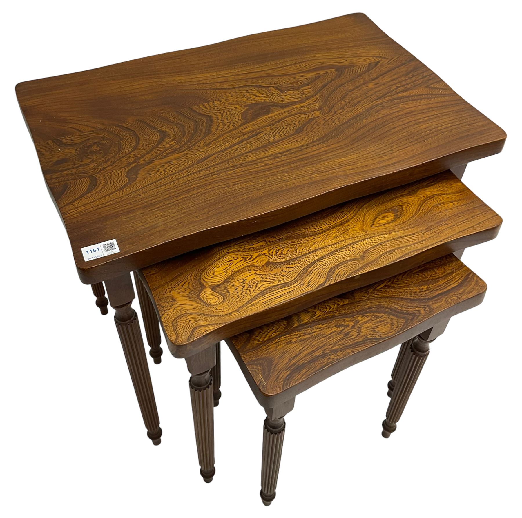 19th century design elm nest of three tables, rectangular shaped top, raised on tapering reeded supports 