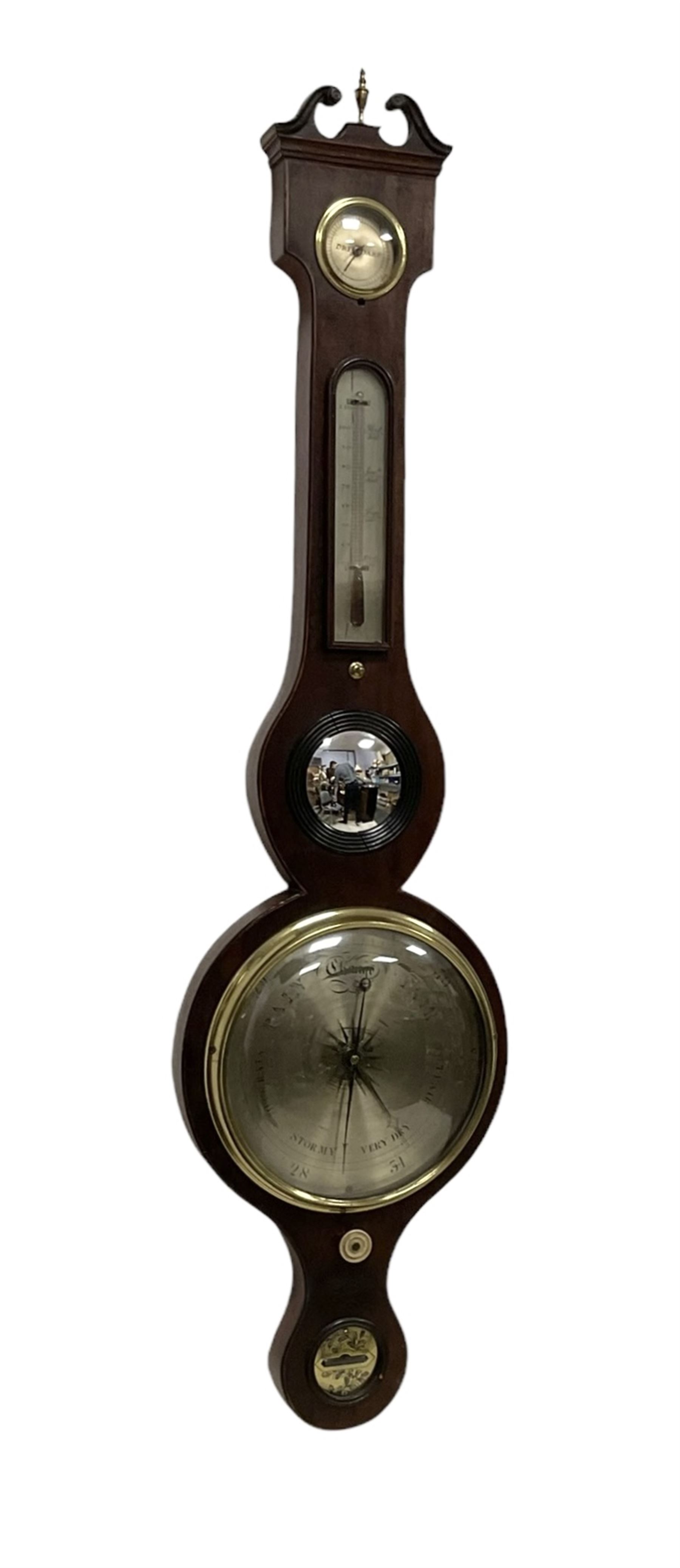 Late Victorian five glass mercury barometer - in a mahogany case with a swans necked pediment and finial , with an 8