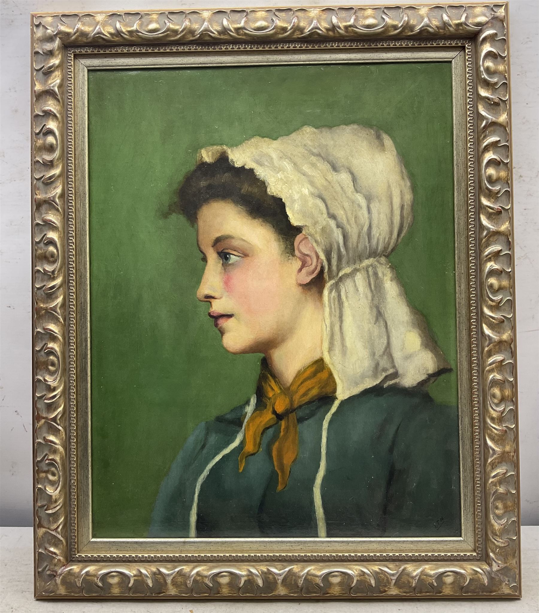 EPH (British 19th Century): Portrait of a Girl with a Yellow Scarf, oil on canvas signed with initials 45cm x 35cm 