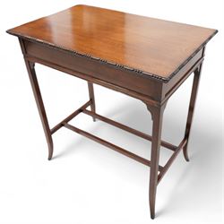 Edwardian mahogany side table, rectangular top with beaded edge, on square tapering supports with splayed feet, united by plain stretchers 