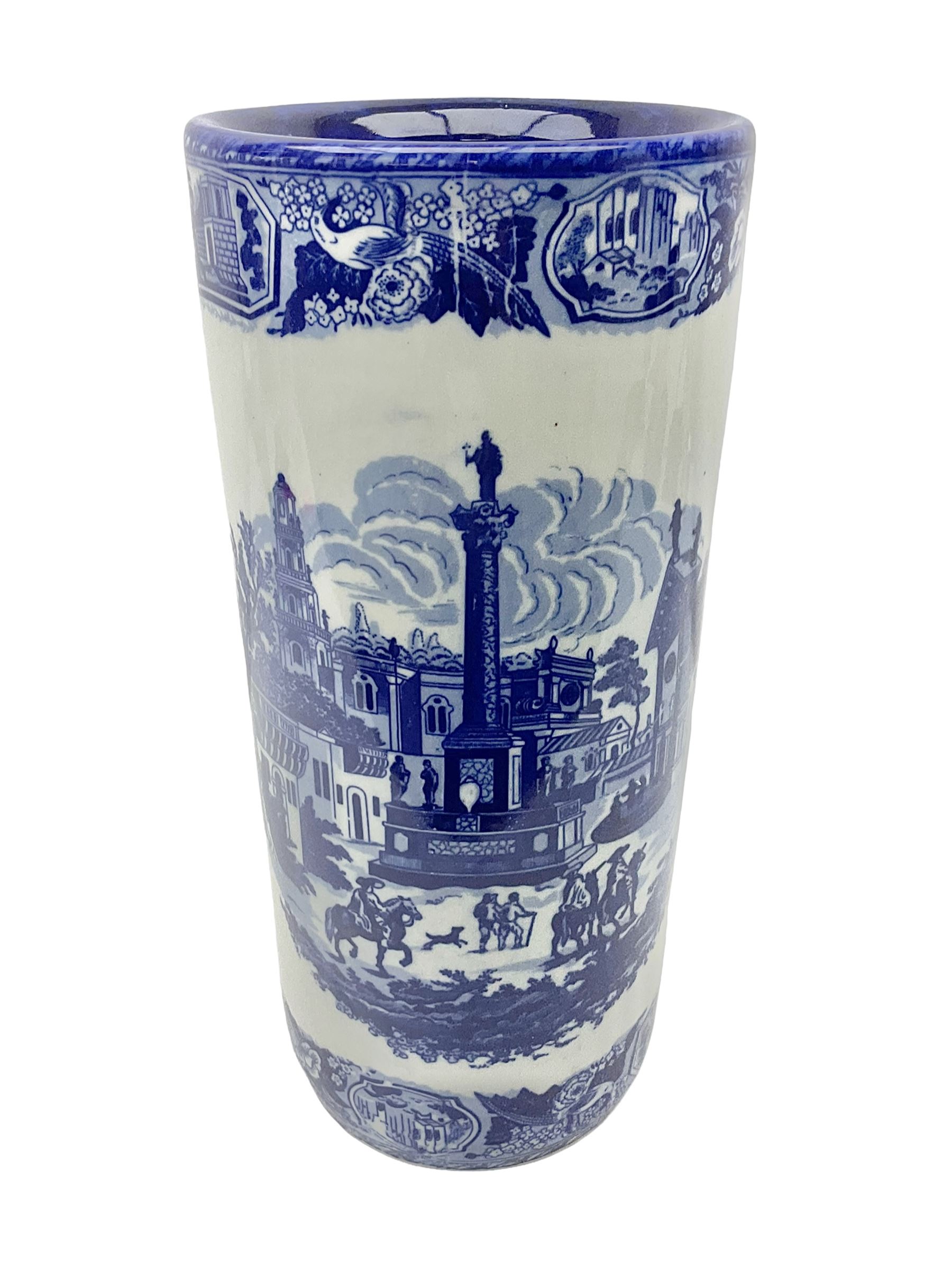 Blue and white umbrella stand, decorated with transfer print decorated with city scape, H43cm