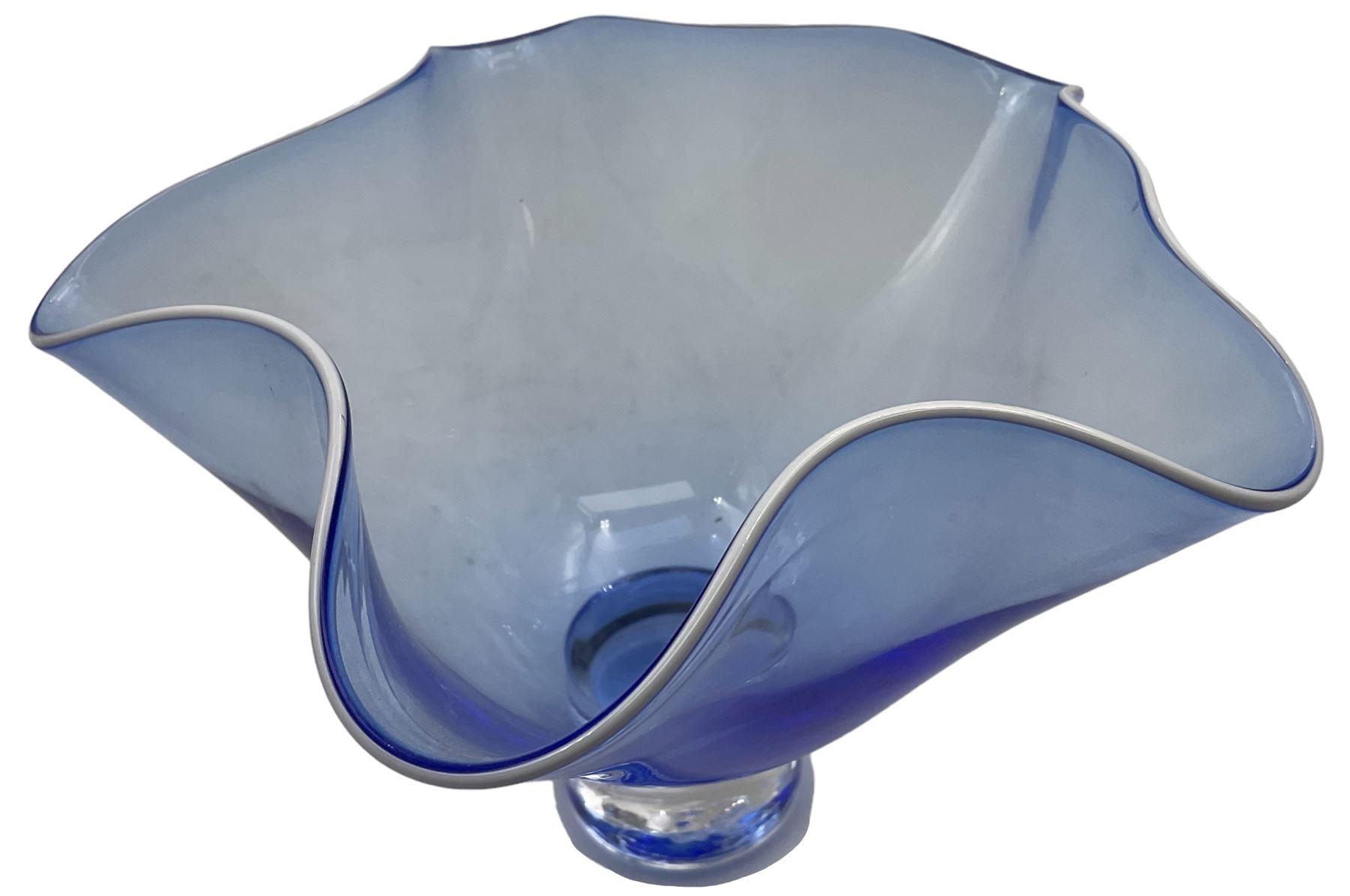 Gillies Jones of Rosedale blue glass vase with crimped rim on a short pedestal foot, signature to base, H11cm