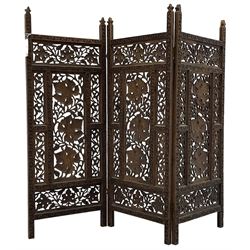 Anglo-Indian heavily carved and pierced three panel folding screen 