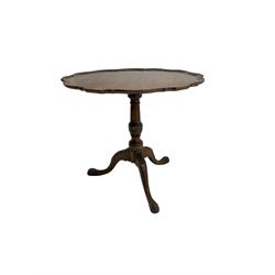 Georgian design tripod table, moulded pie curst tilt-top, turned and fluted column carved with foliate cartouches, on three splayed supports with acanthus carved feet