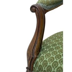 Victorian walnut framed armchair, moulded frame, upholstered in green pattern fabric, on cabriole front supports