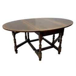 Titchmarsh & Goodwin - 17th century design oak drop leaf dining table, oval top with hinged drop leaves, single drawer to one side with applied makers label, baluster-turned supports united by stretchers