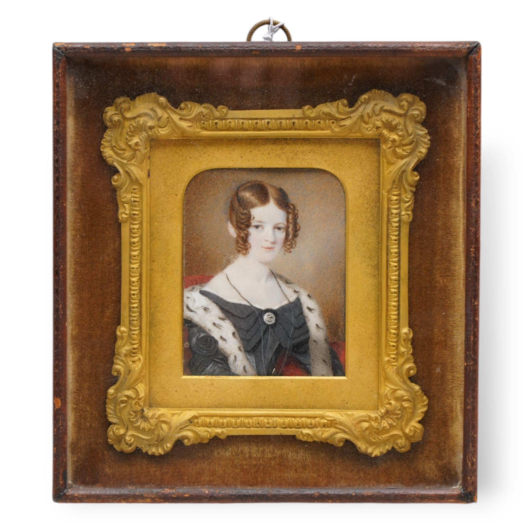 Samuel John Stump (British 1778-1863): Portrait of 'Sarah Isabella Stephenson 1818-1880' wearing a black dress with ermine stole, miniature watercolour on ivory signed, inscribed with artists address verso, in ornate 19th century gilt frame 9cm x 7cm. This item has been registered for sale under Section 10 of the APHA Ivory Act