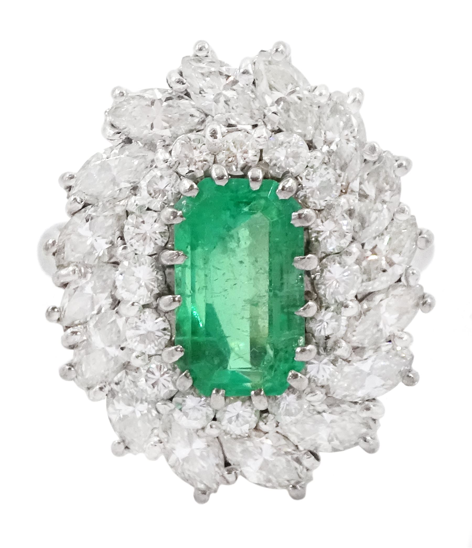 18ct white gold octagonal cut emerald, round brilliant and marquise cut diamond cluster ring, emerald approx 1.95 carat, total diamond weight approx 2.65 carat