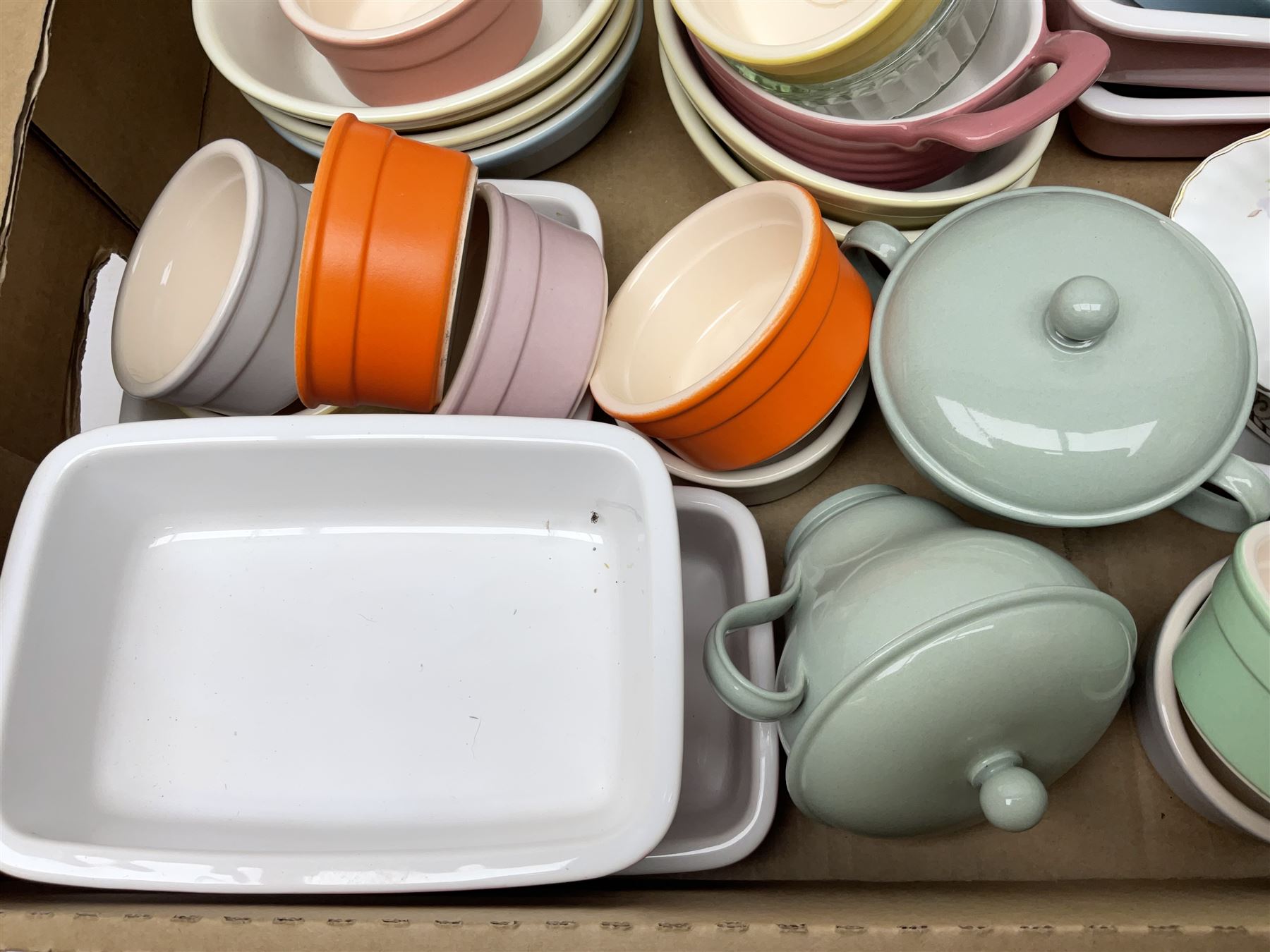 Collection of pastel coloured ramakins and pie dishes, including examples by Tala and Pots & Co, etc