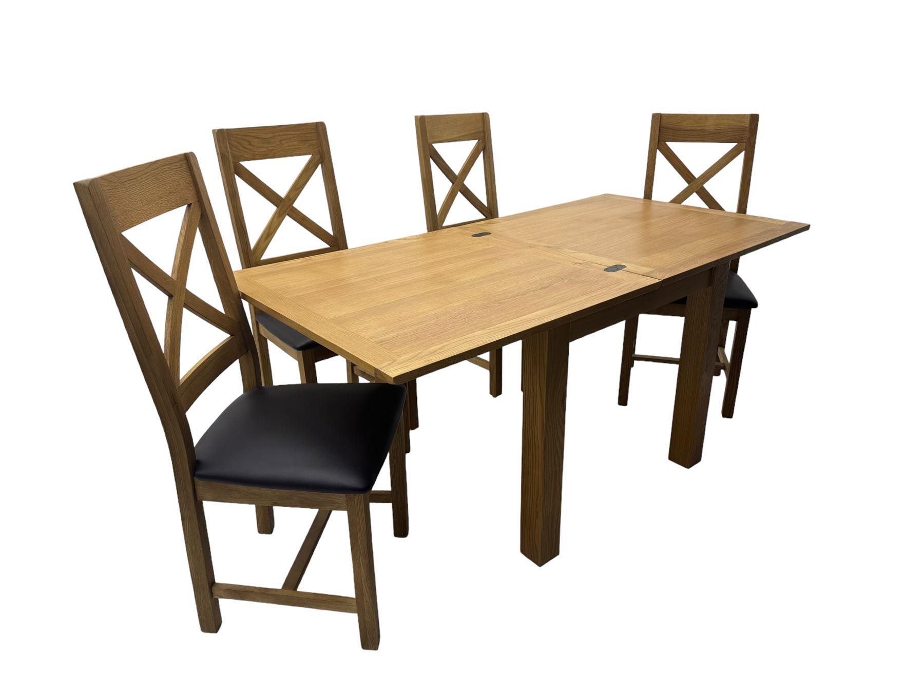 Oak extending dining table, square pull-out action top with folding butterfly leaf, on straight square supports; set of four dining chairs, X-shaped backrest and black upholstered seat, on square supports united by H-stretcher