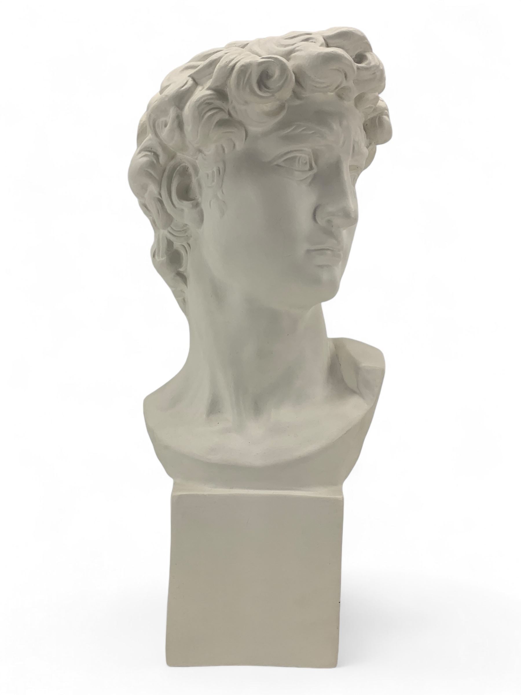 Large plaster bust depicting David, on integral square plinth, H61cm 