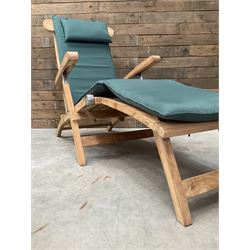 Pair of solid teak adjustable garden steamer armchairs, stainless brackets, with cushions