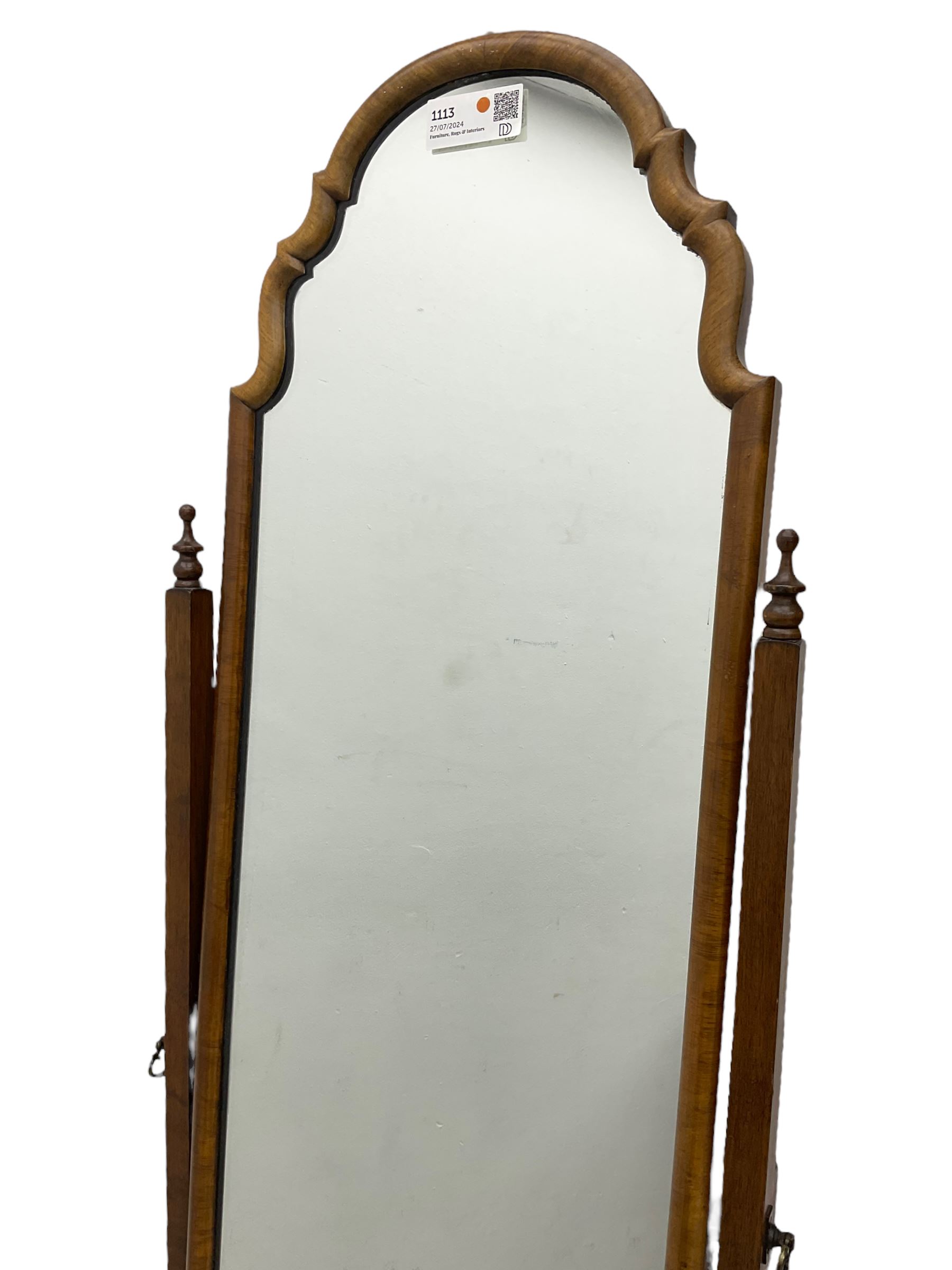 Georgian design walnut cheval dressing mirror, shaped and stepped arch top, tapered supports with finials, on shaped splayed supports 