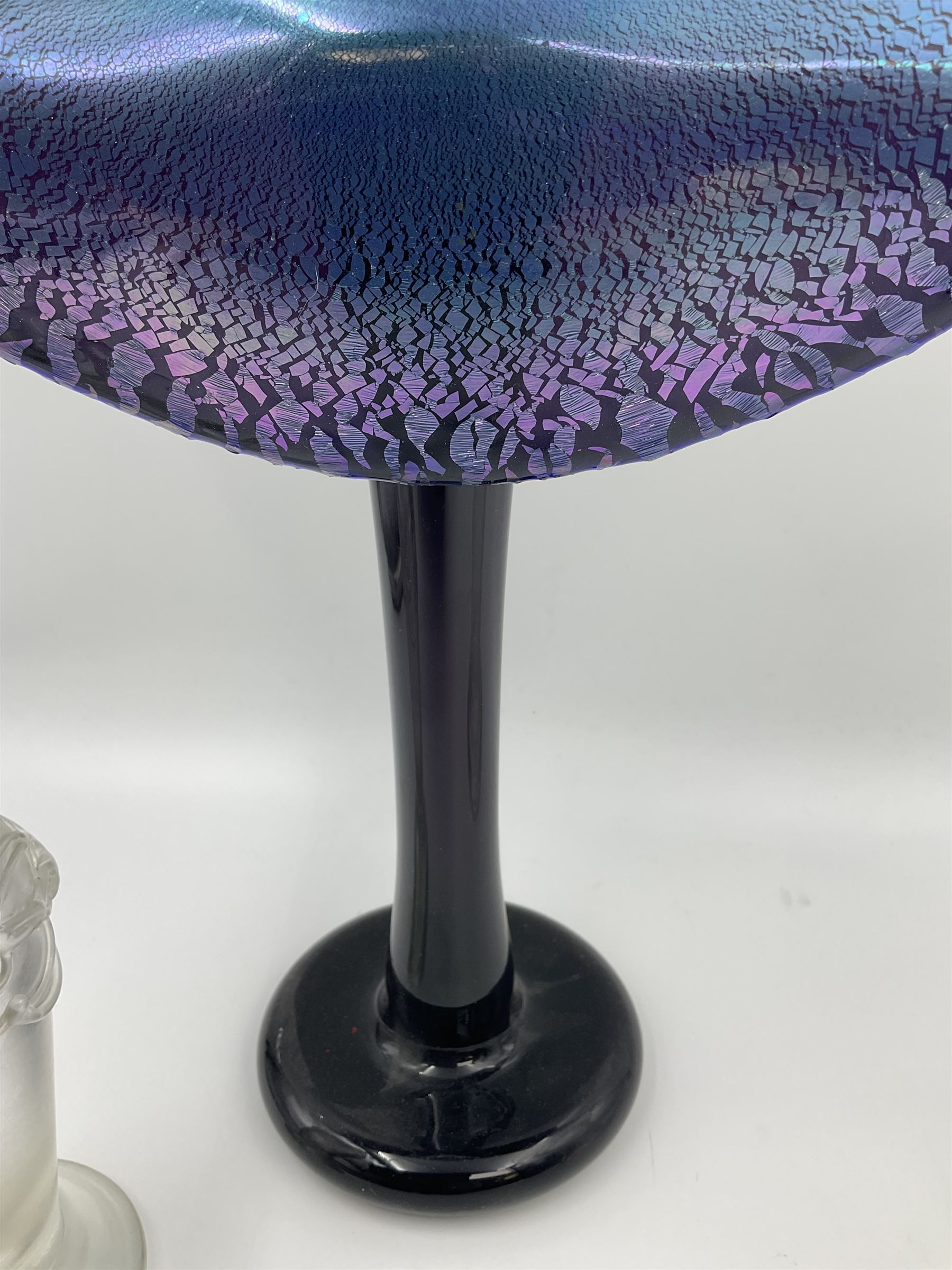 20th Century studio glass Okra Jack in the Pulpit vase, in deep blue with silvered trails, engraved signature, to base, together with David Wallace studio glass opalescent bottle and stopper and vase, Okra vase H30cm