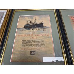 Two framed German shipping prints, together with a framed black and white postcard of United States Lines S.S. Leviathan