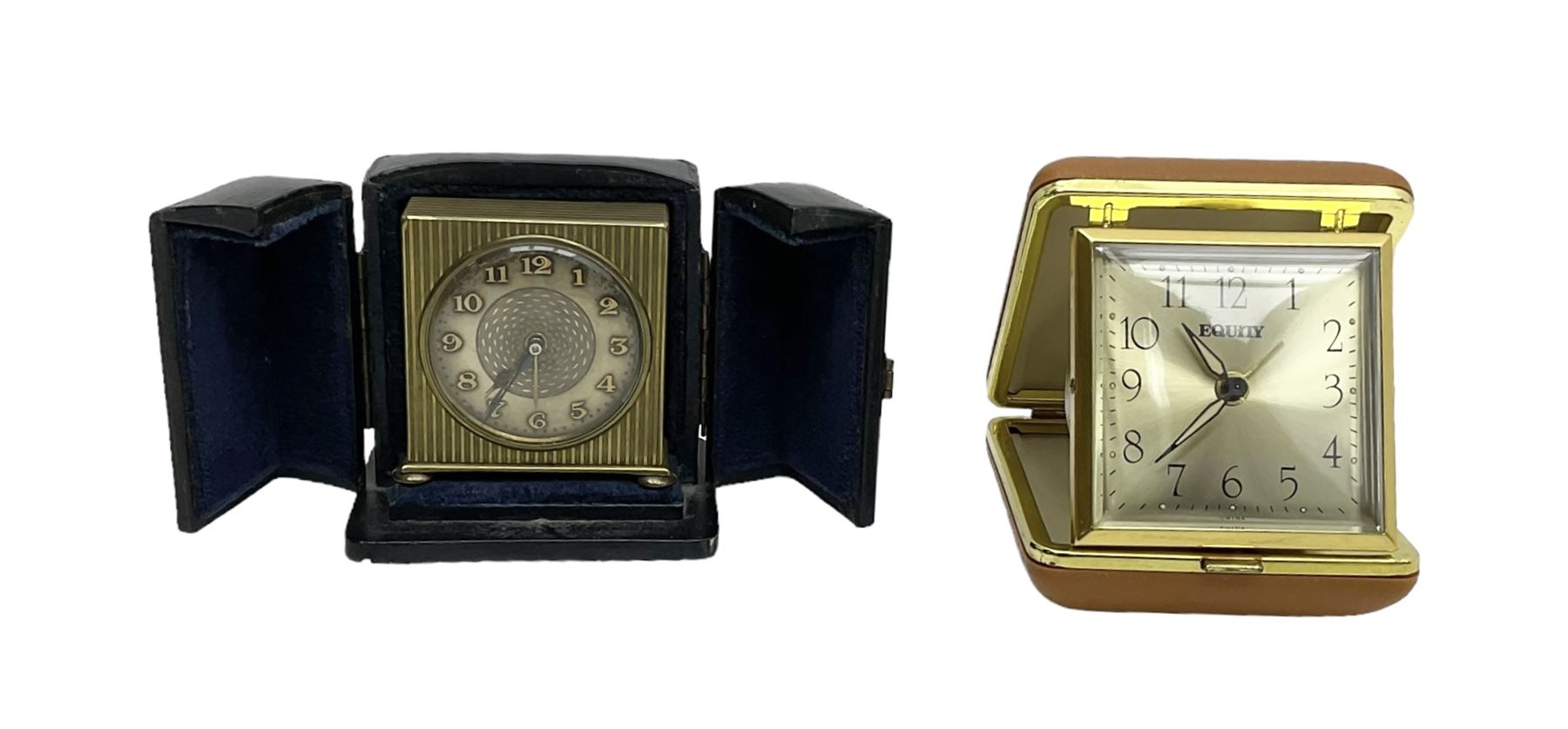 Two 20th century compact traveling alarm clocks -  in blue case with opening doors and an Equity travel clock, both wound and set from the rear.