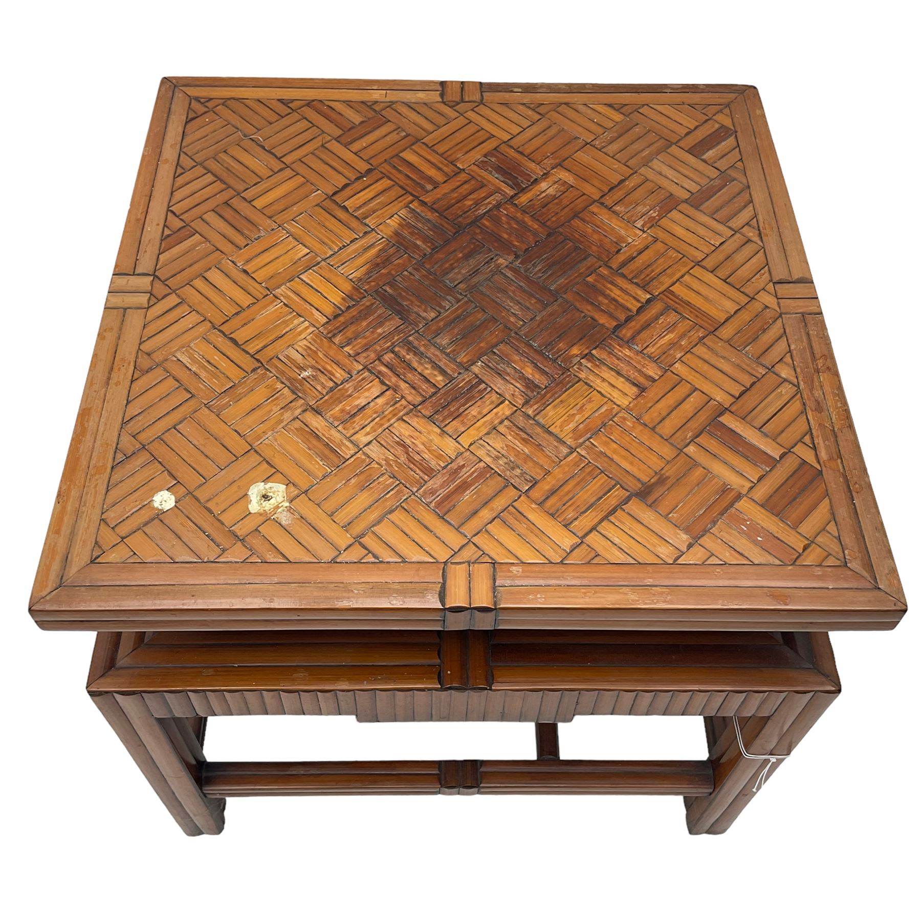 Chinese design bamboo and wood coffee table, parquetry lattice-work bamboo, on square supports joined by a series of geometric stretchers