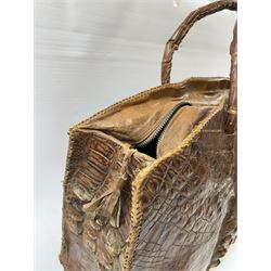 Large twin handled crocodile skin bag, with zippable compartment, H39cm 