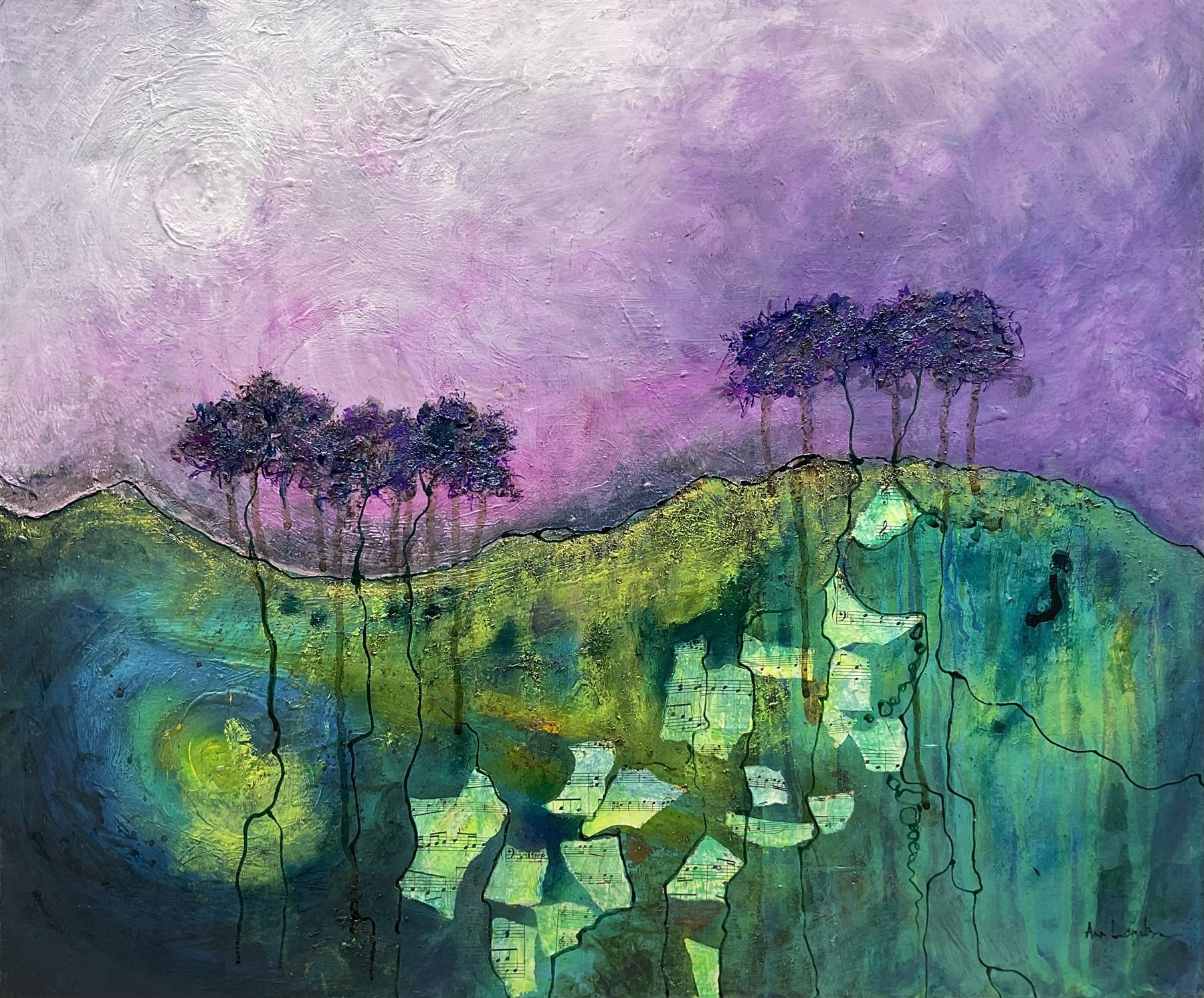 Ann Lamb (British 1955-): Purple Tree Line, mixed media on canvas signed 54cm x 65cm