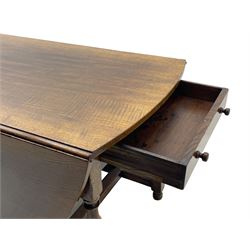 Titchmarsh & Goodwin - 17th century design oak drop leaf dining table, oval top with hinged drop leaves, single drawer to one side with applied makers label, baluster-turned supports united by stretchers