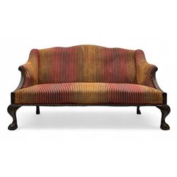 Mid-19th century mahogany two-seat sofa, upholstered in striped velvet fabric, the shaped ...