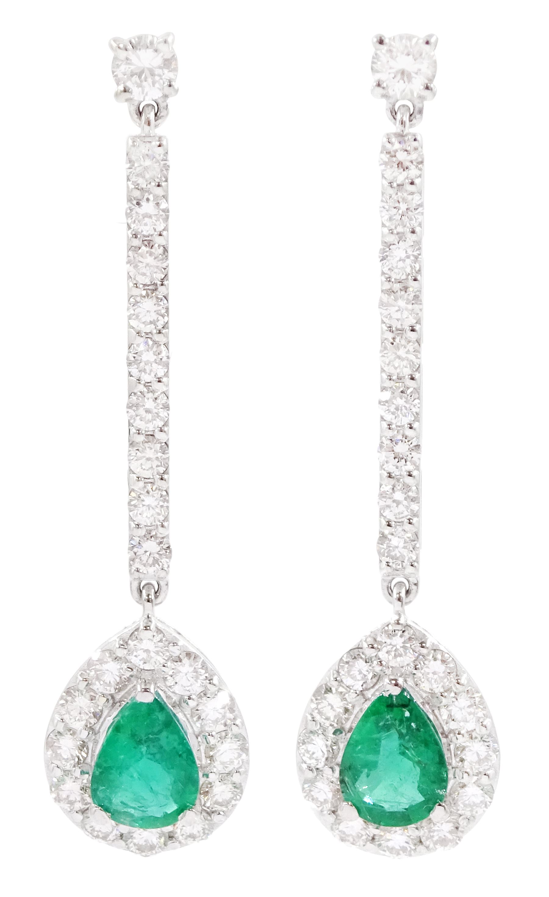 Pair of 18ct white gold pear cut emerald and round brilliant cut diamond cluster pendant stud earrings, total emerald weight approx 1.20 carat, total diamond weight approx 1.50 carat