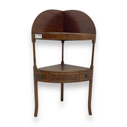 Early 19th century mahogany corner washstand, raised back over triangular top with washbas...