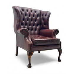 Georgian design leather wingback armchair, deep-buttoned burgundy leather upholstery with ...