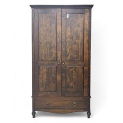 Marks & Spencer - dark wood double wardrobe, fitted with single drawer, on turned feet