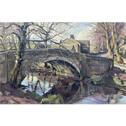 Diana Rosemary Lodge (British 1944-): 'Barben Beck Bridge - Burnsall to Appletreewick Road', oil on canvas board signed, titled and dated Feb 1975 verso 50cm x 75cm