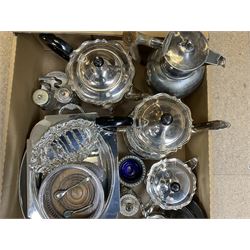 Metalware, mostly silver plate, to include tea wares, sauce boats, cruets, serving dishes, toast rack, bottle coaster, etc., in one box 