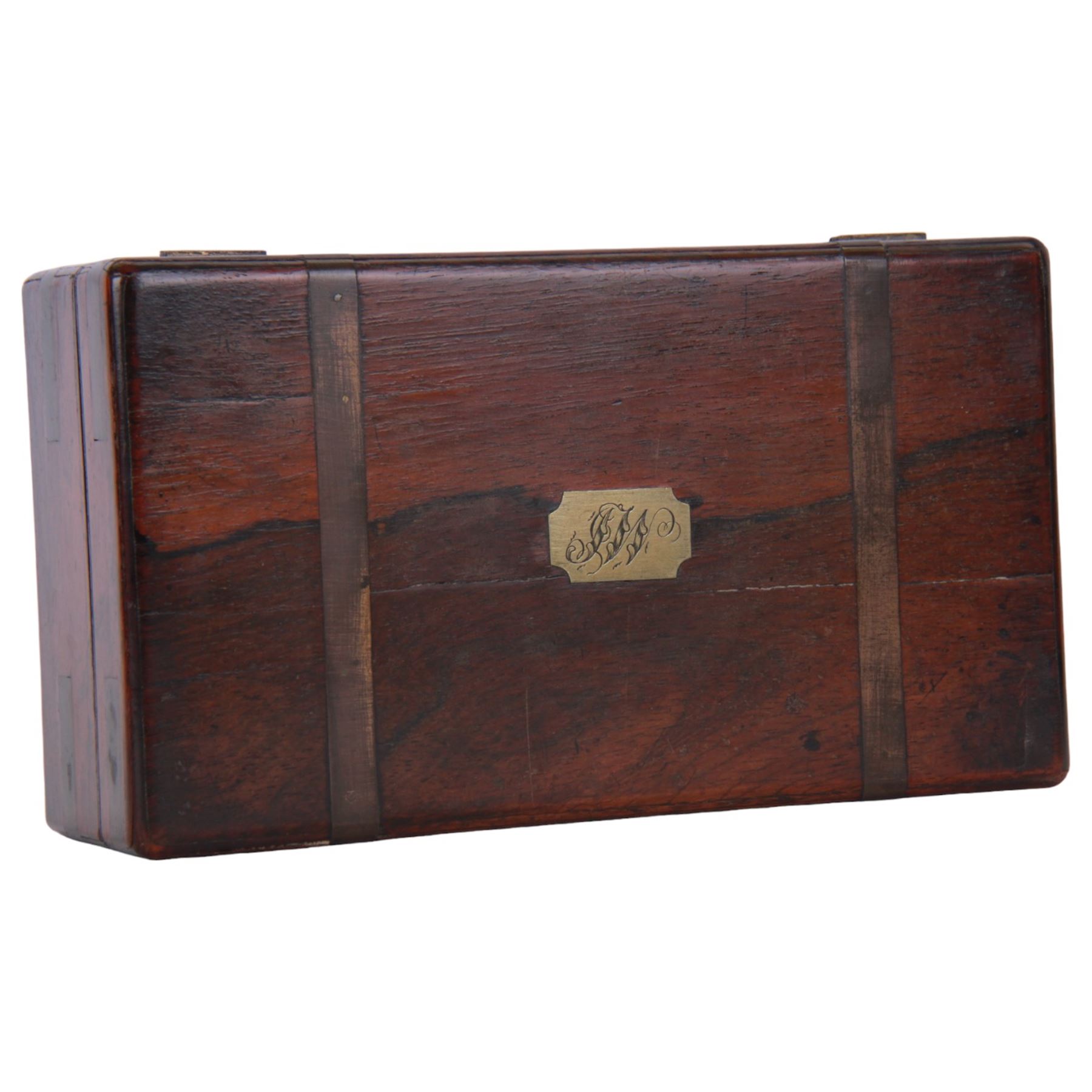 19th century brass bound rosewood box, of rectangular form with brass shield escutcheon, the hinged cover with inset monogramed brass cartouche, H8cm W24cm D13.5cm