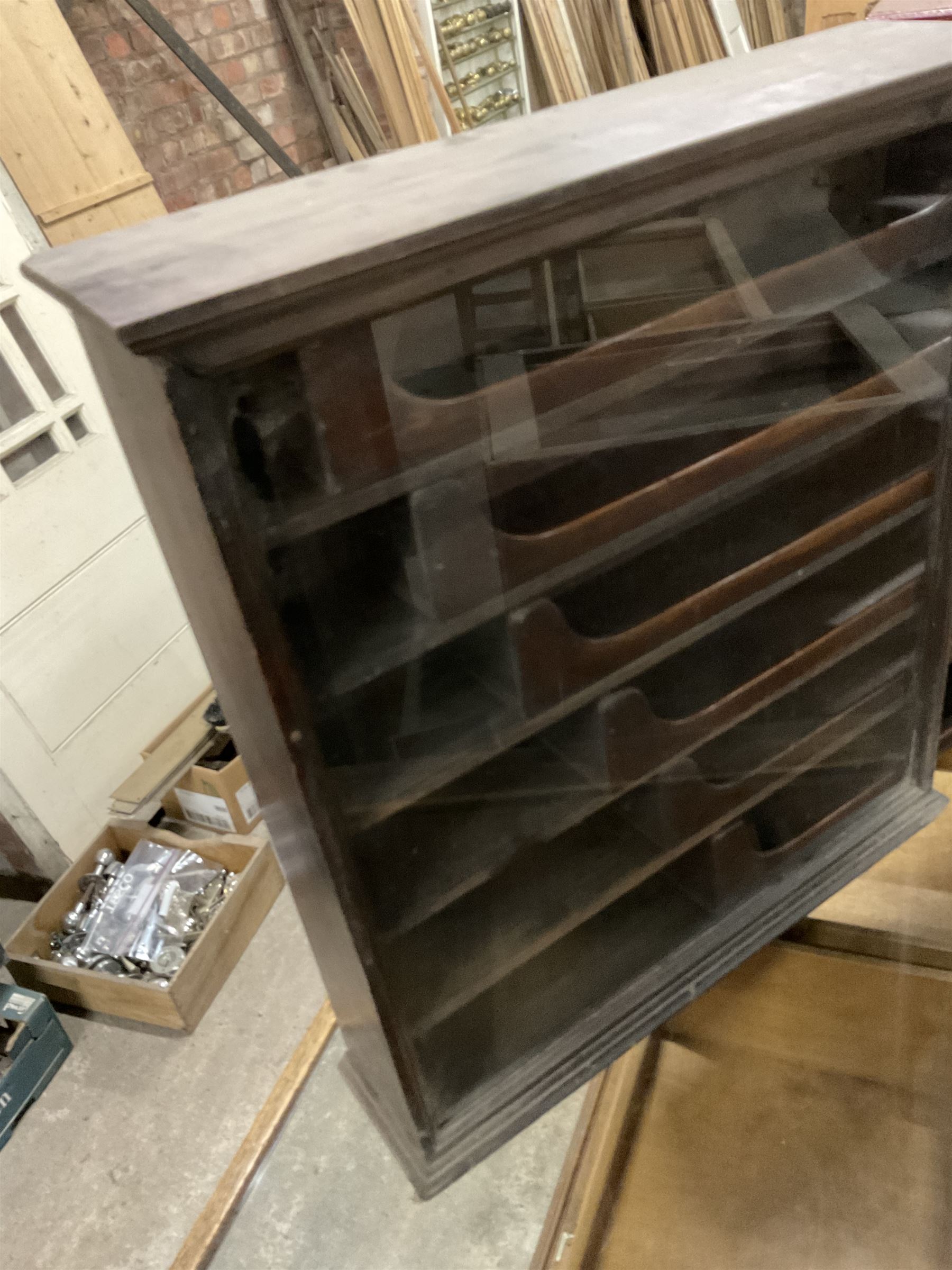 Early 20th stained pine and glazed wall mounting cigarette shop display cabinet, fitted with six sliding drawers with divisions and scalloped handles  - THIS LOT IS TO BE COLLECTED BY APPOINTMENT FROM THE OLD BUFFER DEPOT, MELBOURNE PLACE, SOWERBY, THIRSK, YO7 1QY