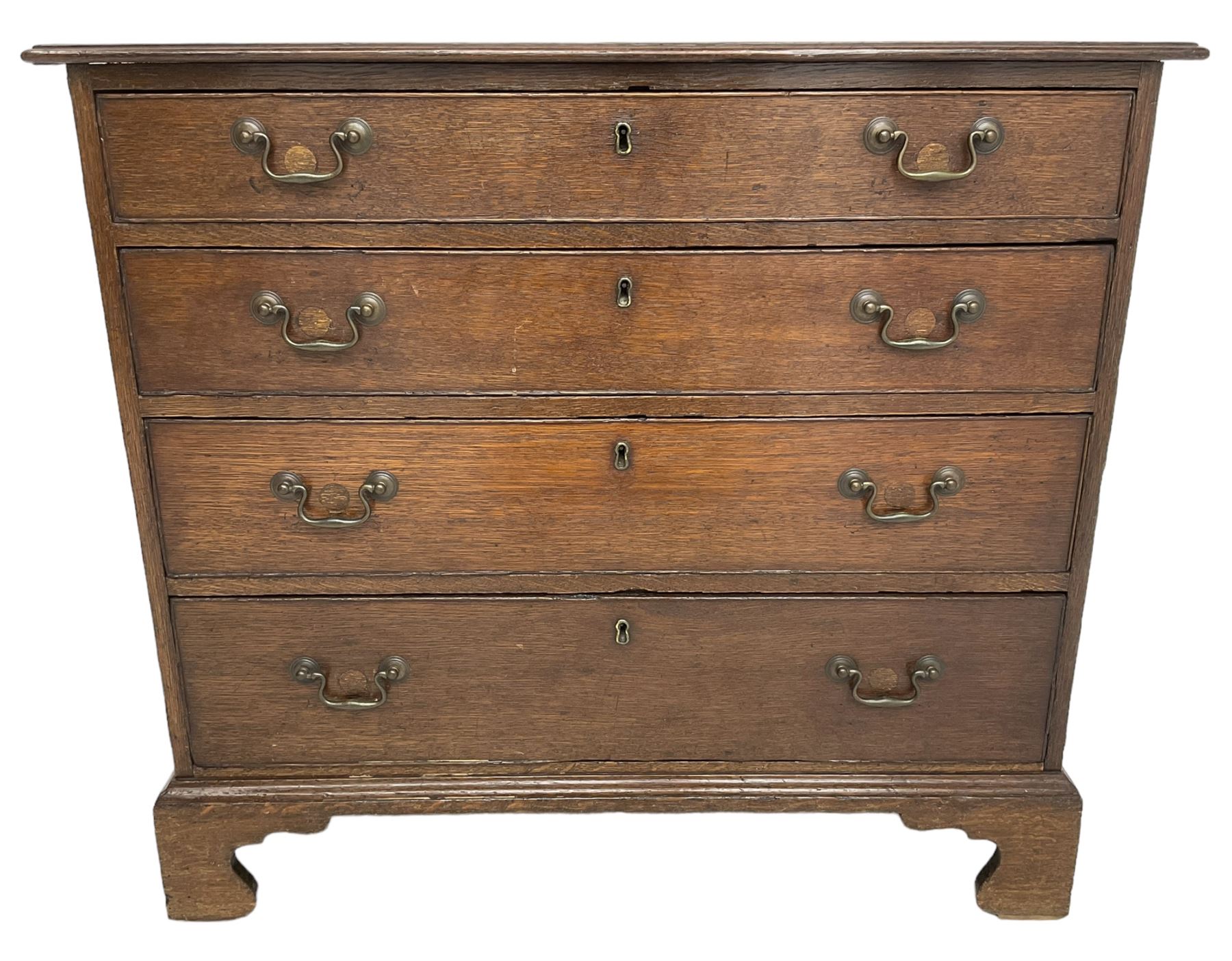 George III oak chest, moulded rectangular top over four long cock-beaded drawers, on bracket feet