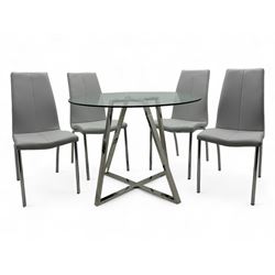 Contemporary circular glass-top dining table, raised on geometric chrome base with angular...