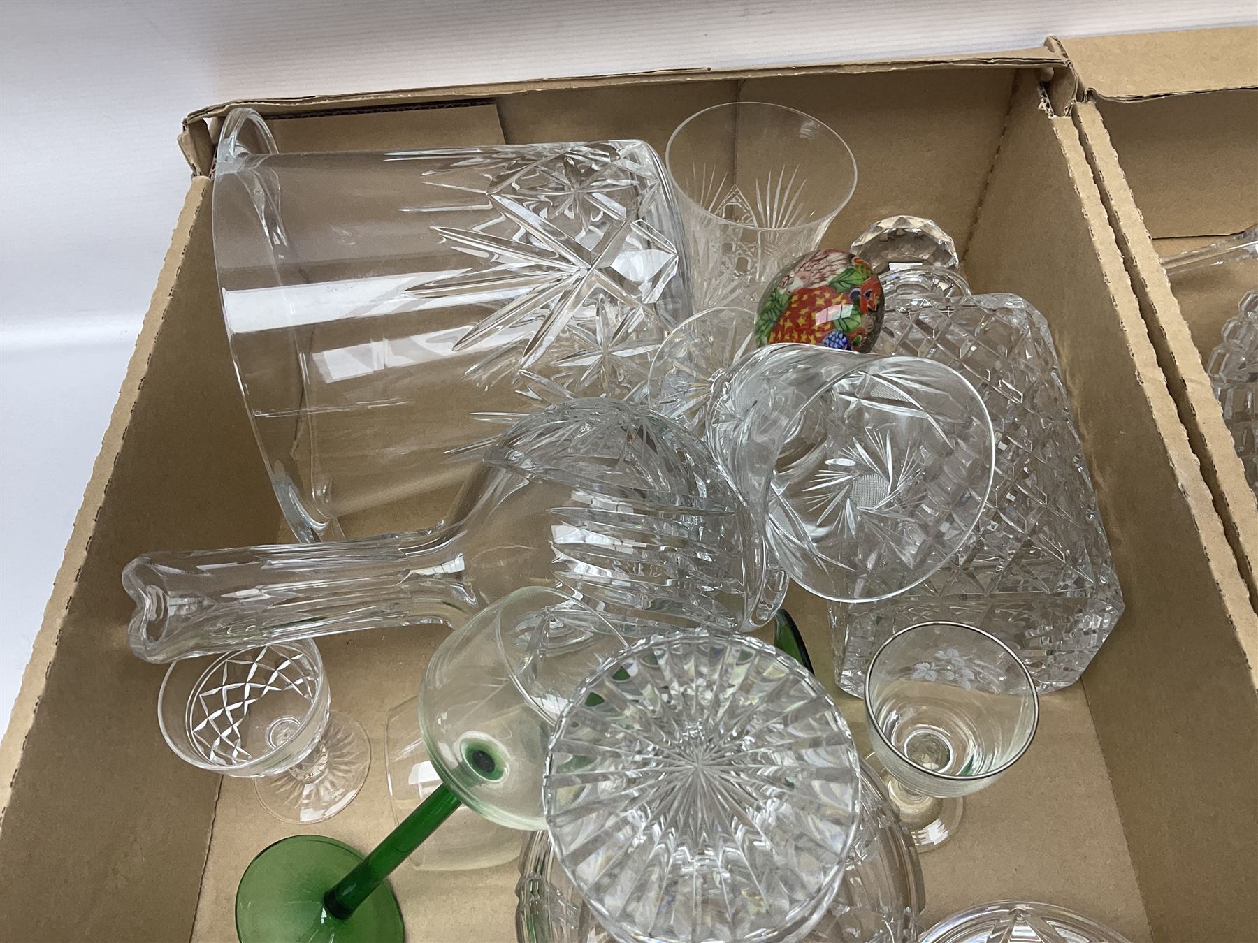 Cut crystal and glassware, including Stuart Crystal mushroom decanter, Elizabeth crystal vase, drinking glasses, tumblers, etc, in four boxes