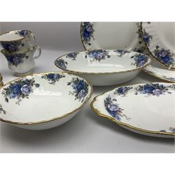 Royal Albert Moonlight Rose pattern tea service for six, comprising teacups and saucers, open sucrier, milk jug, dessert plates and cake plate, together with six other dinners wares in the same pattern