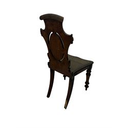 Victorian oak hall chair with scroll carved and pierced back, shaped seat and turned front supports