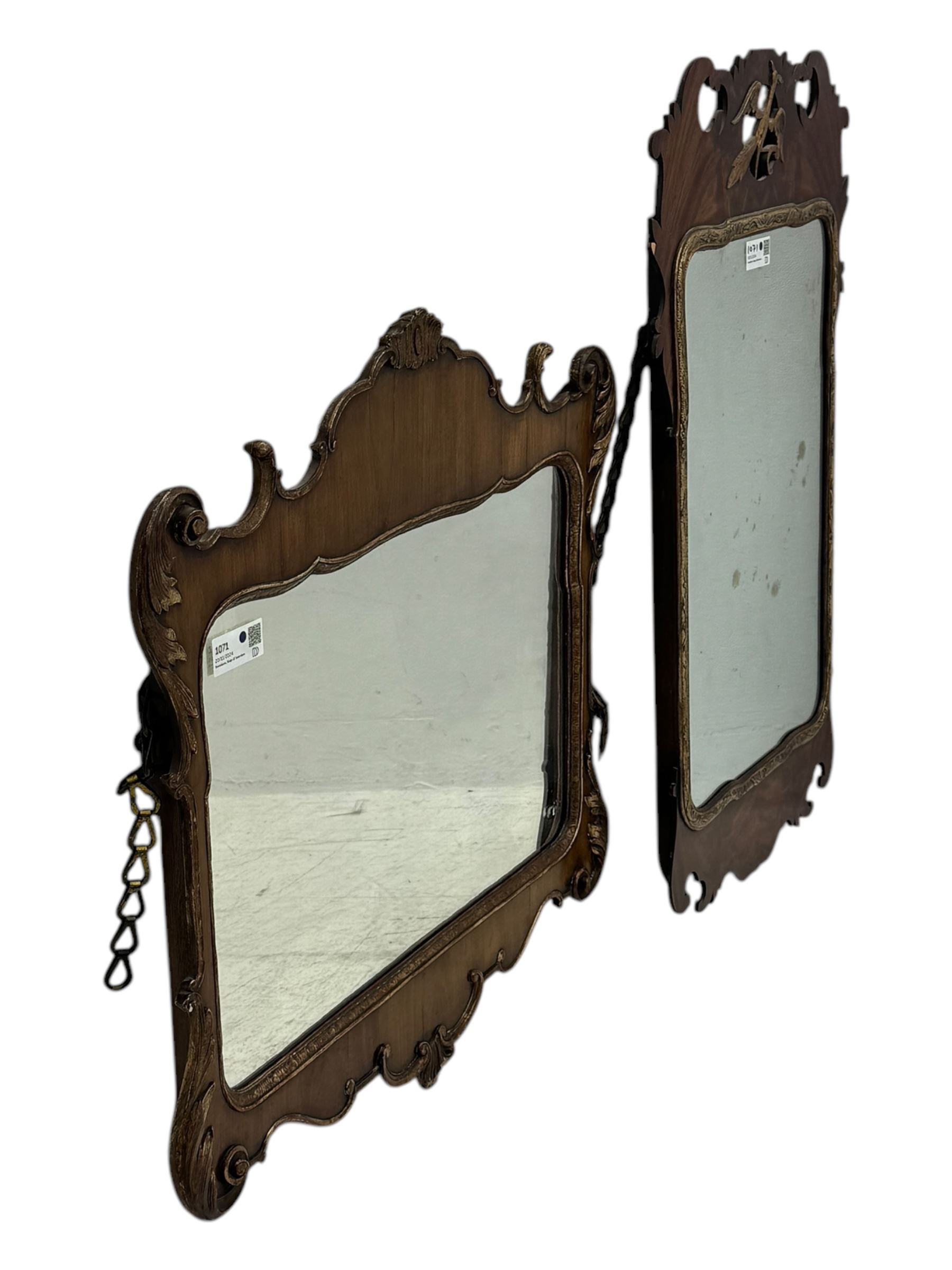 Georgian design walnut and parcel gilt fretwork wall mirror (76cm x 73cm); Chippendale design mahogany fretwork wall mirror, carved with Ho-Ho bird pediment (54cm x 93cm)