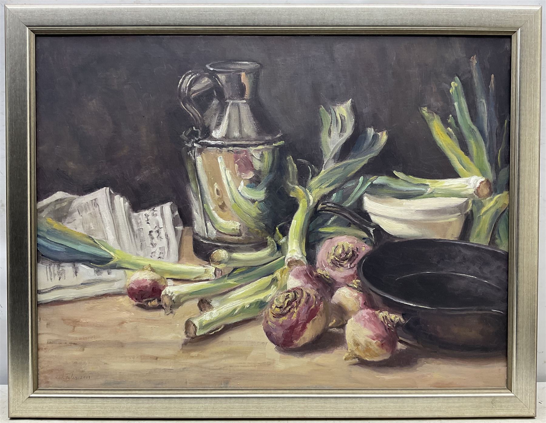 Neil Tyler (British 1945-): Still Life 'Leeks and Swedes', oil on canvas signed and dated 2001, titled verso 59.5cm x 79.5cm
