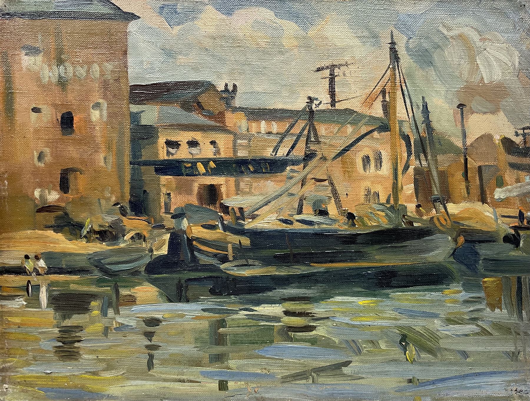 Muriel Metcalfe (British 1910-1994): Loading Boats at the Hovis Factory, oil on canvas, possible remains of signature l.r., attributed verso 30cm x 40cm (unframed)