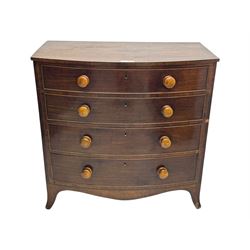 Victorian mahogany bow-fronted chest, fitted with four long graduating cock-beaded drawers, shaped apron on splayed bracket feet