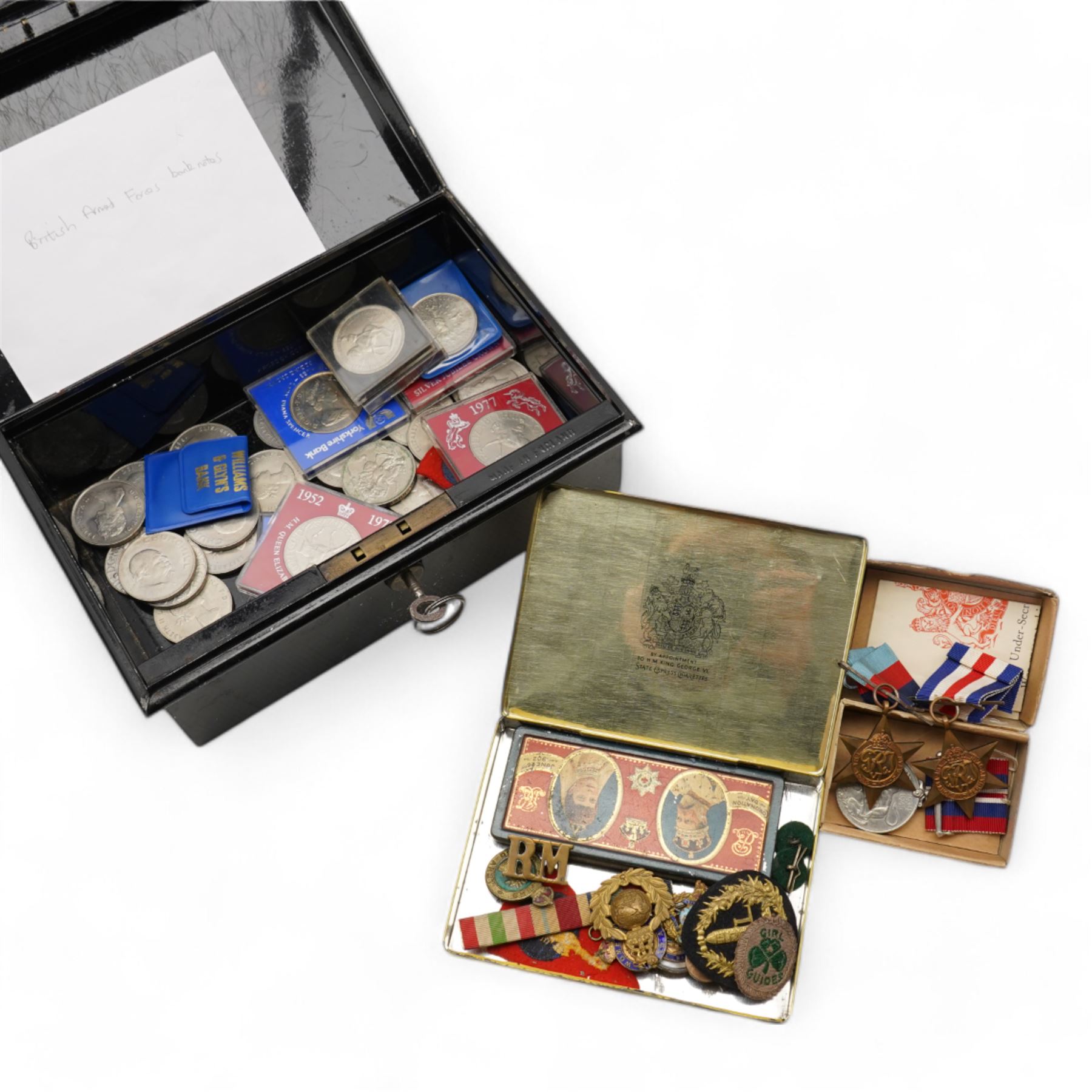 Coins, medals and stamps, including commemorative crowns, George VI 1951 crown, WWII medals with 1939 1945 war medal, The France and Germany Star and The 1939 1945 Star, various badges, small number of British Armed Forces notes, World stamps with Austria, Belgium, Brazil, Canada, China, Malta, Denmark, Egypt, France, Germany, India etc, in one box